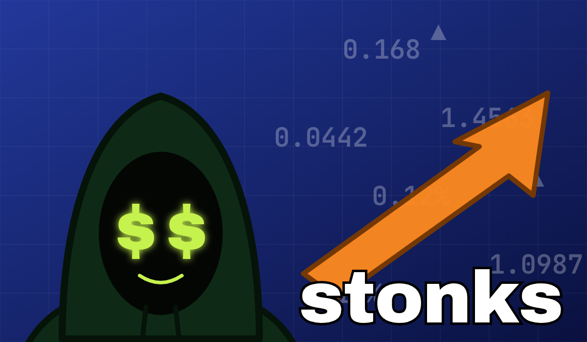Atoms mascot with dollar-sign eyes in front of a rising stonks chart